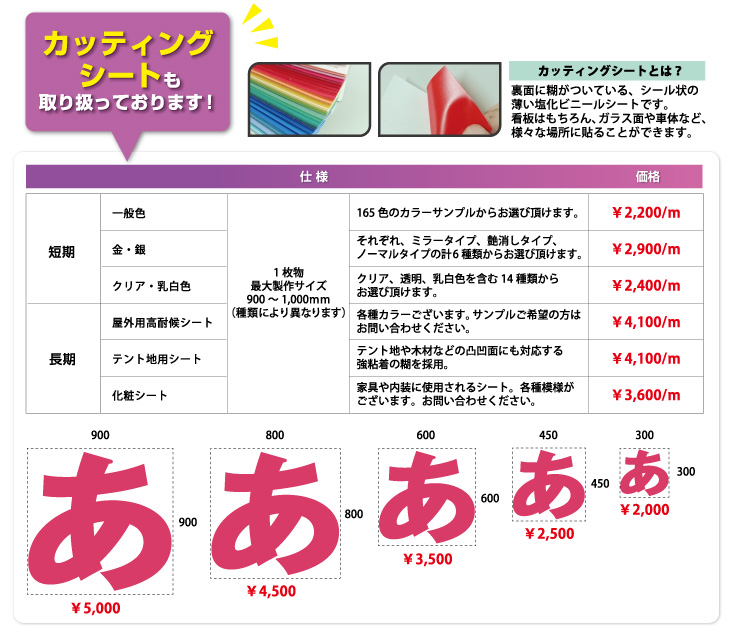 シール・カッティングシート価格表 短期 一般色\2,200/m・金銀\2,900/m・クリア乳白色\2,400/m 長期 野外用高耐候\4,100/m・テント地用シート\4,100/m・化粧シート\3,600/m